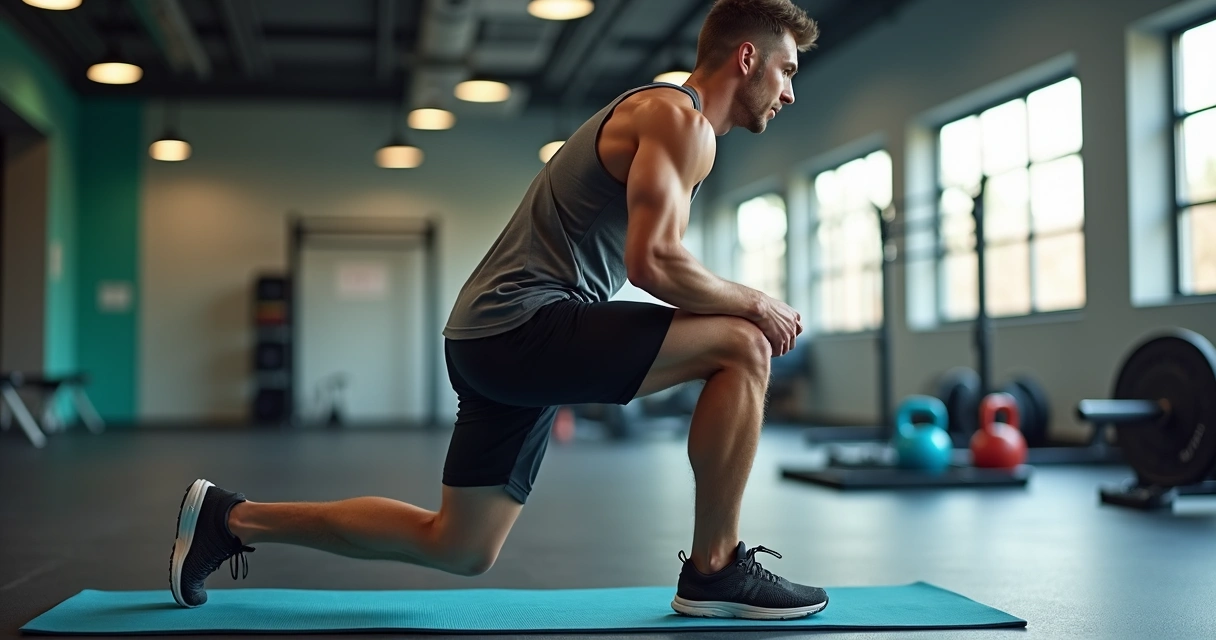 Corredor fazendo alongamento de quadril em academia antes do treino 