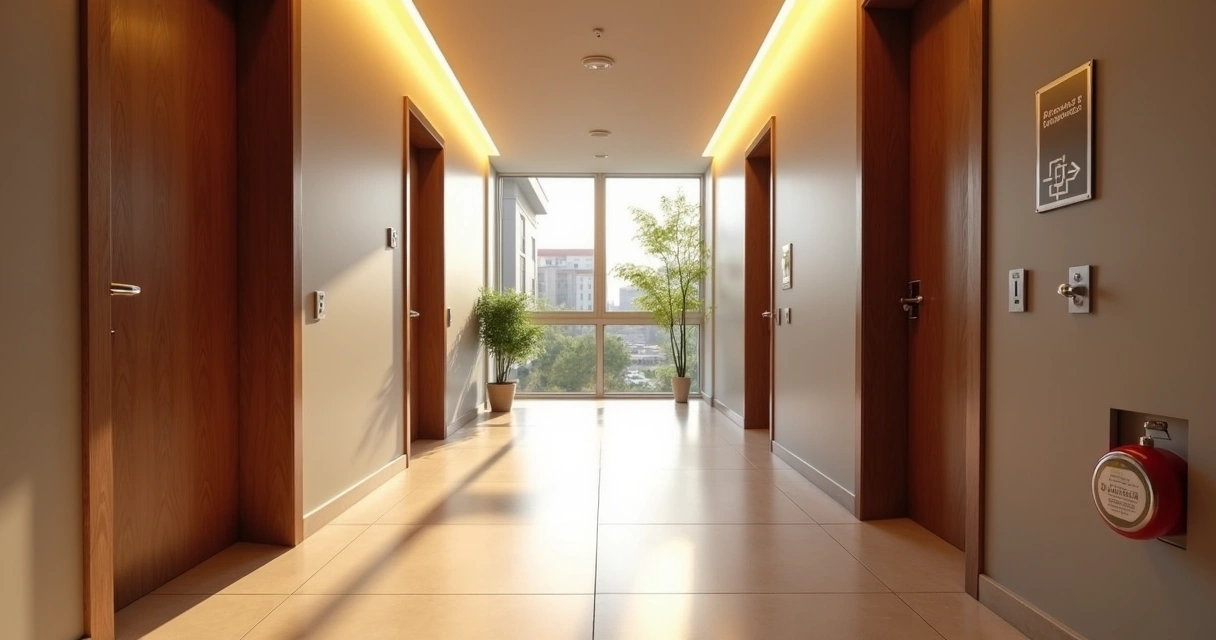 Corredor de prédio moderno com portas de apartamentos iluminadas 