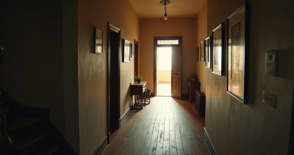 Corredor de casa com luz e sombra sugerindo clima de sonho 