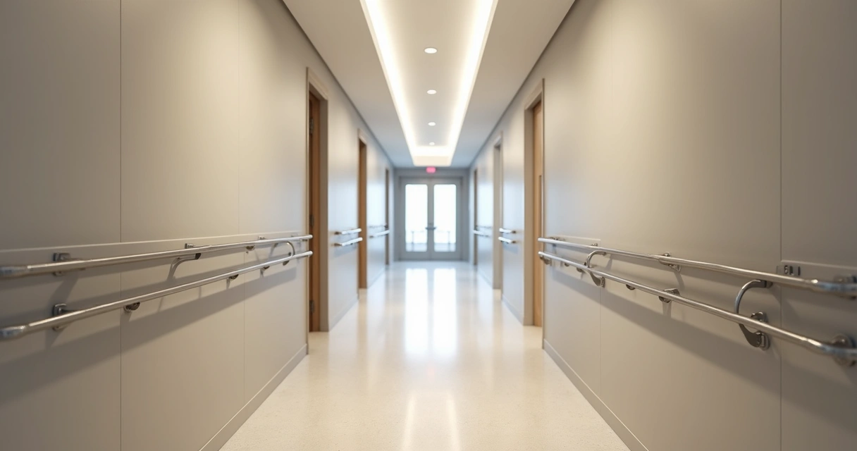 Corredor largo de uma casa com barras de apoio e piso antiderrapante 