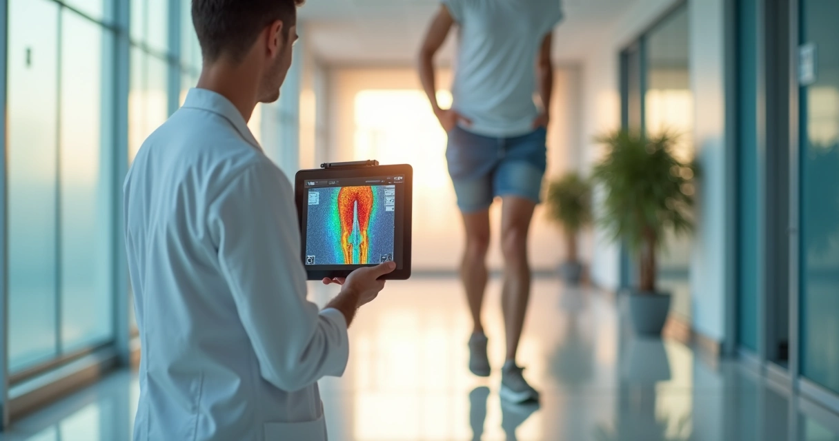 Equipe vascular caminhando em corredor de clínica com foco em tratamento moderno de varizes 