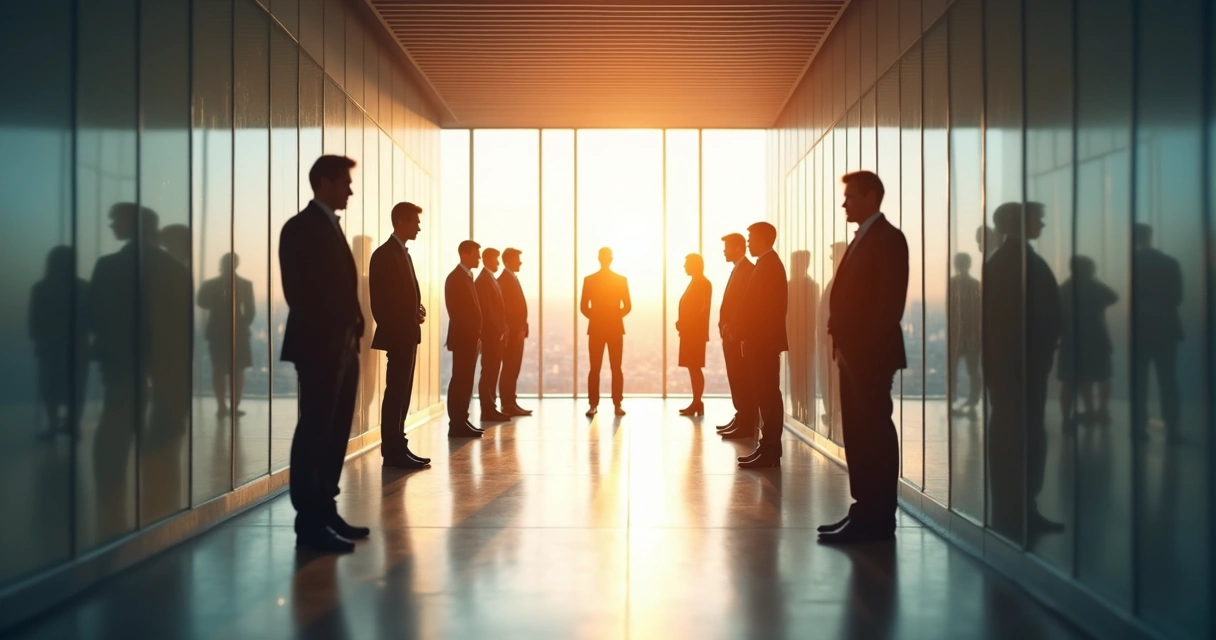 Corredor corporativo com grupos separados por luz e sombra