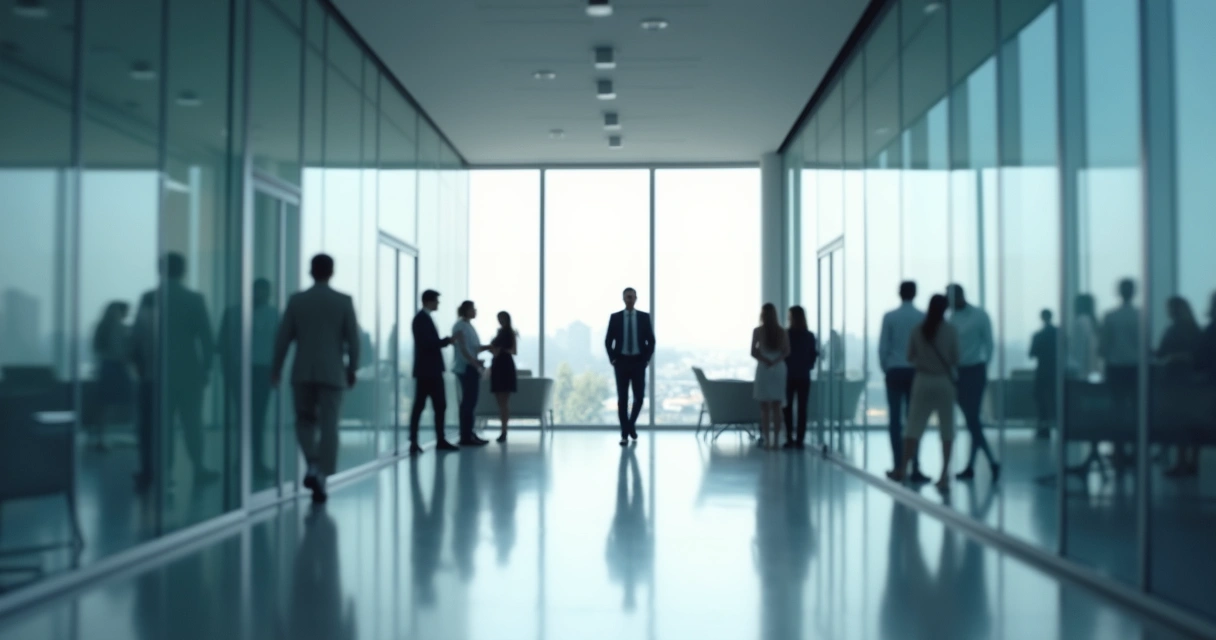 Corredor corporativo com pessoa sozinha ao fundo