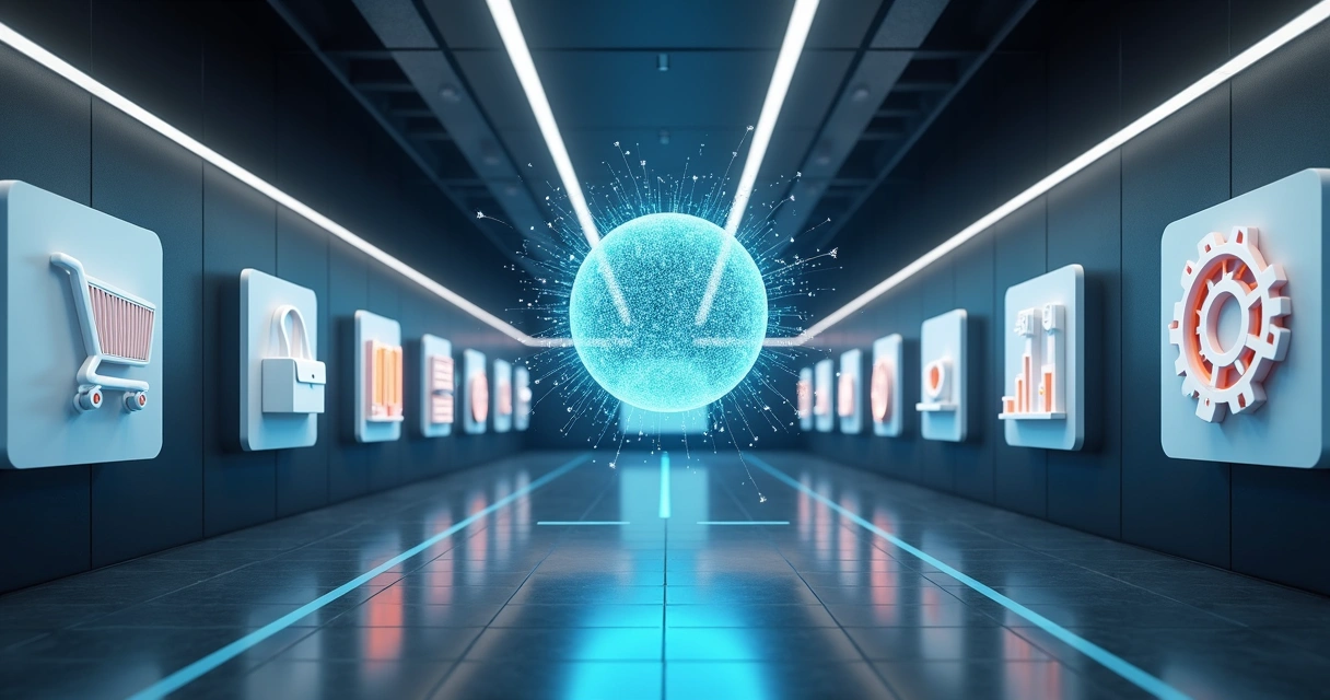 Corredor 3D com ícones de varejo e indústria conectados a um núcleo de inteligência artificial 