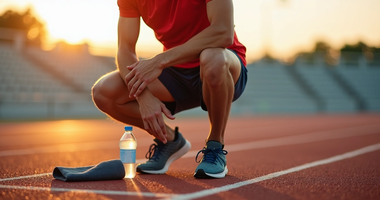 Atleta amador agachado segurando o joelho dolorido ao lado de pista de corrida ao ar livre 