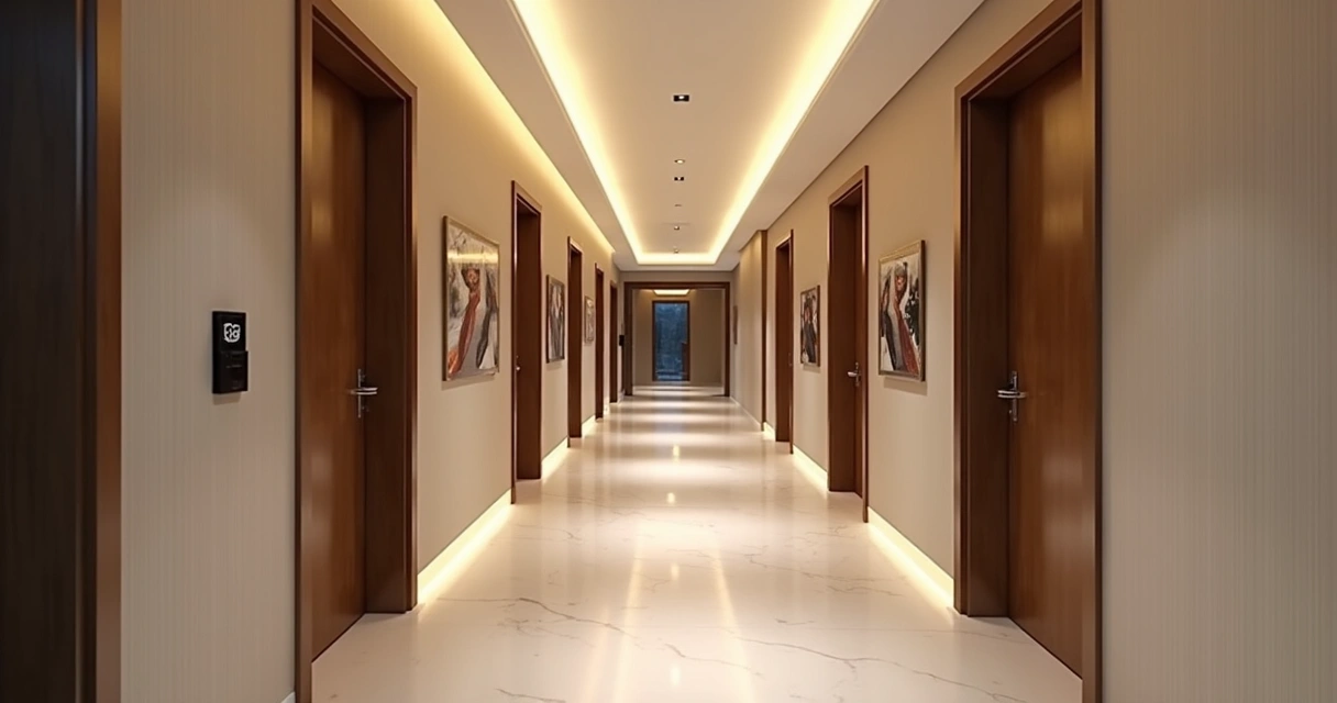 Corredor moderno de edifício, portas numeradas 