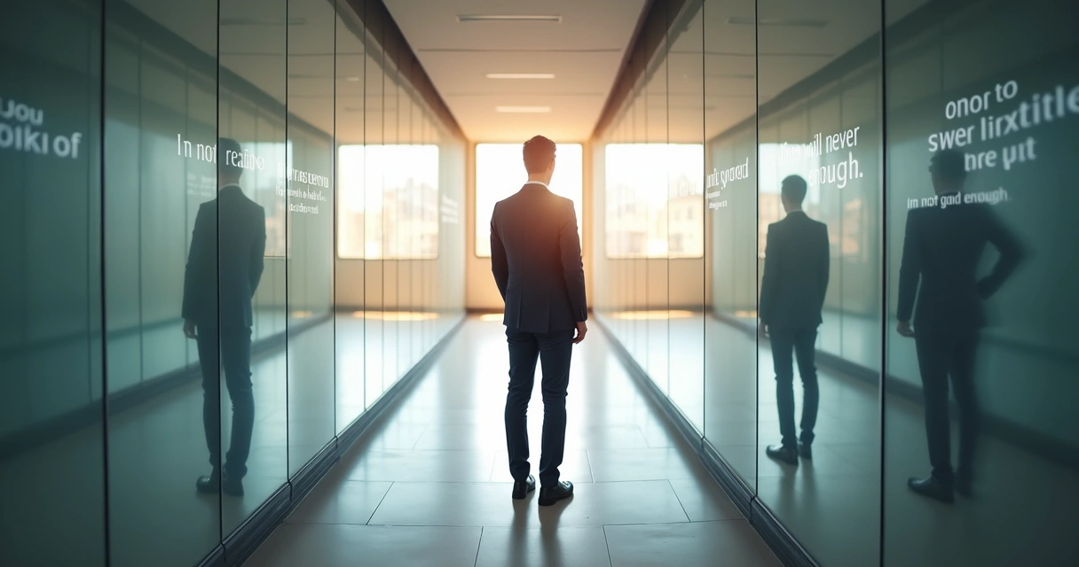 Profissional em corredor de empresa cercado por espelhos com frases refletidas 