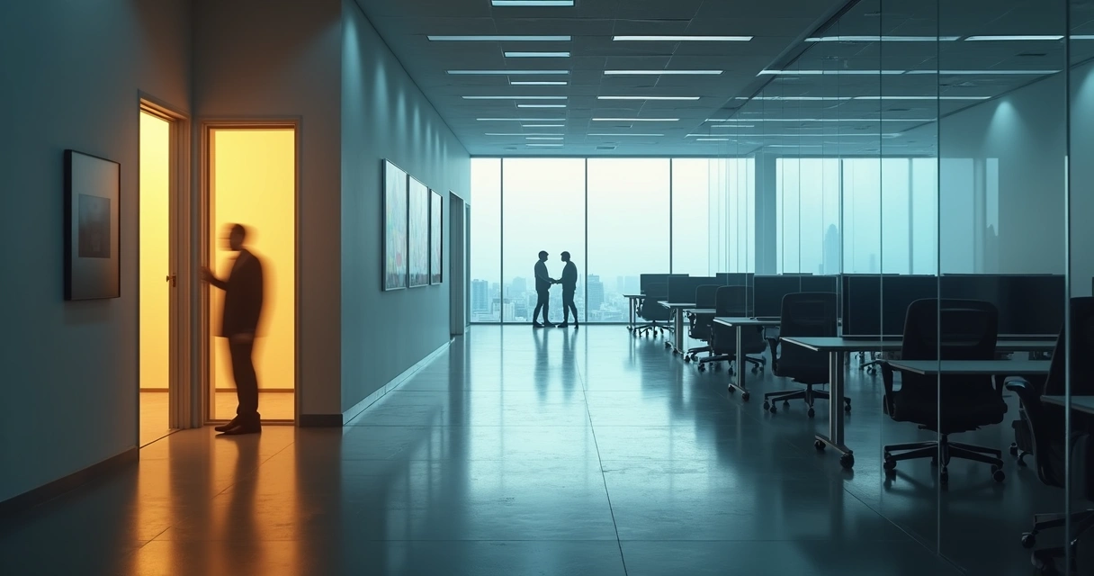 Corredor corporativo com porta iluminada e escritório escuro ao fundo 