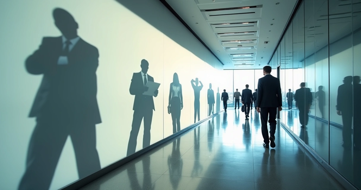 Corredor de empresa com executivos passando diante de sombras distorcidas na parede 