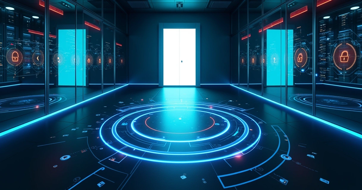 Corredores de escritório formam anéis de segurança concêntricos em torno de uma porta iluminada 