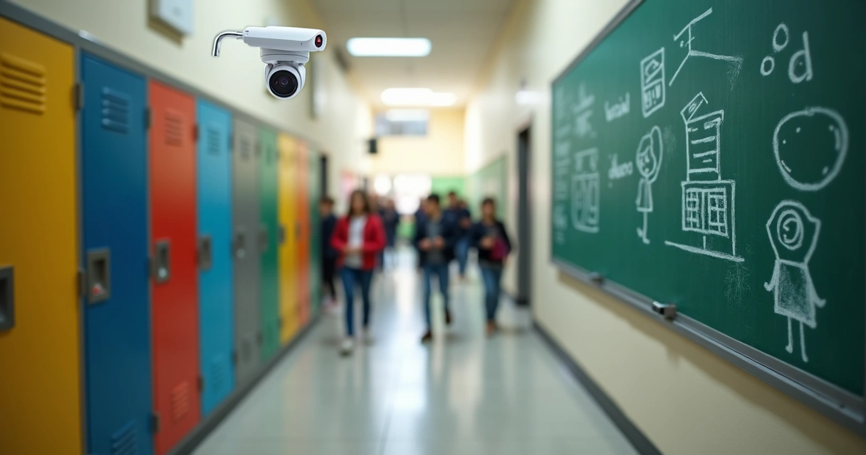 Corredor de escola com câmeras de segurança e lousa mostrando ícones de proteção de dados 