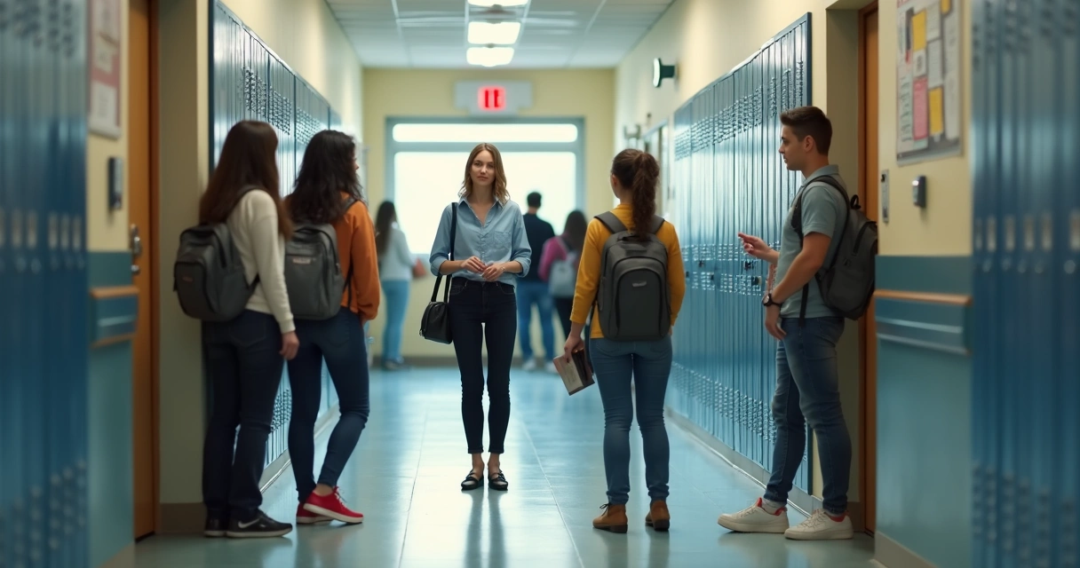 Corredor escolar com estudantes interagindo com respeito 