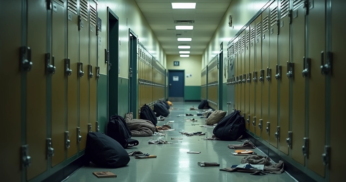 Corredor de escola vazio e desarrumado com armários abertos 