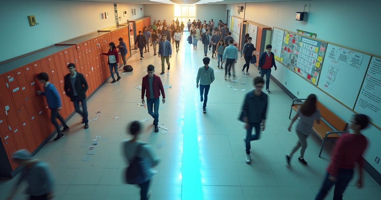 Corredor de escola metade caótico e metade organizado visto de cima 