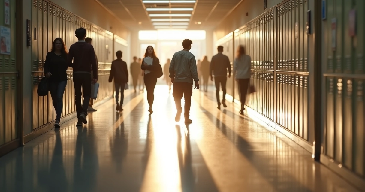 Corredor de escola com sombras contrastando alunos e professora transparente 