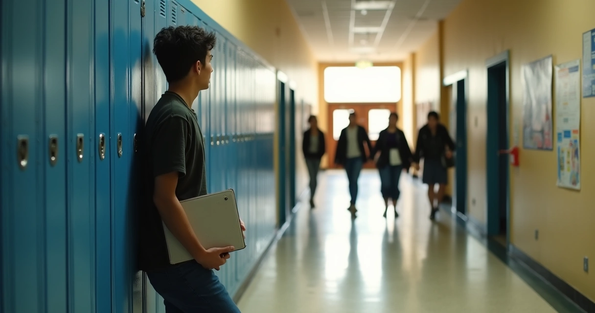 Corredor de escola com grupo de estudantes em foco e um aluno em destaque isolado na lateral 