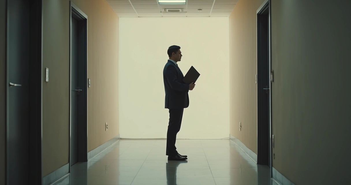 Pessoa parada em corredor diante de duas portas em ambiente corporativo 