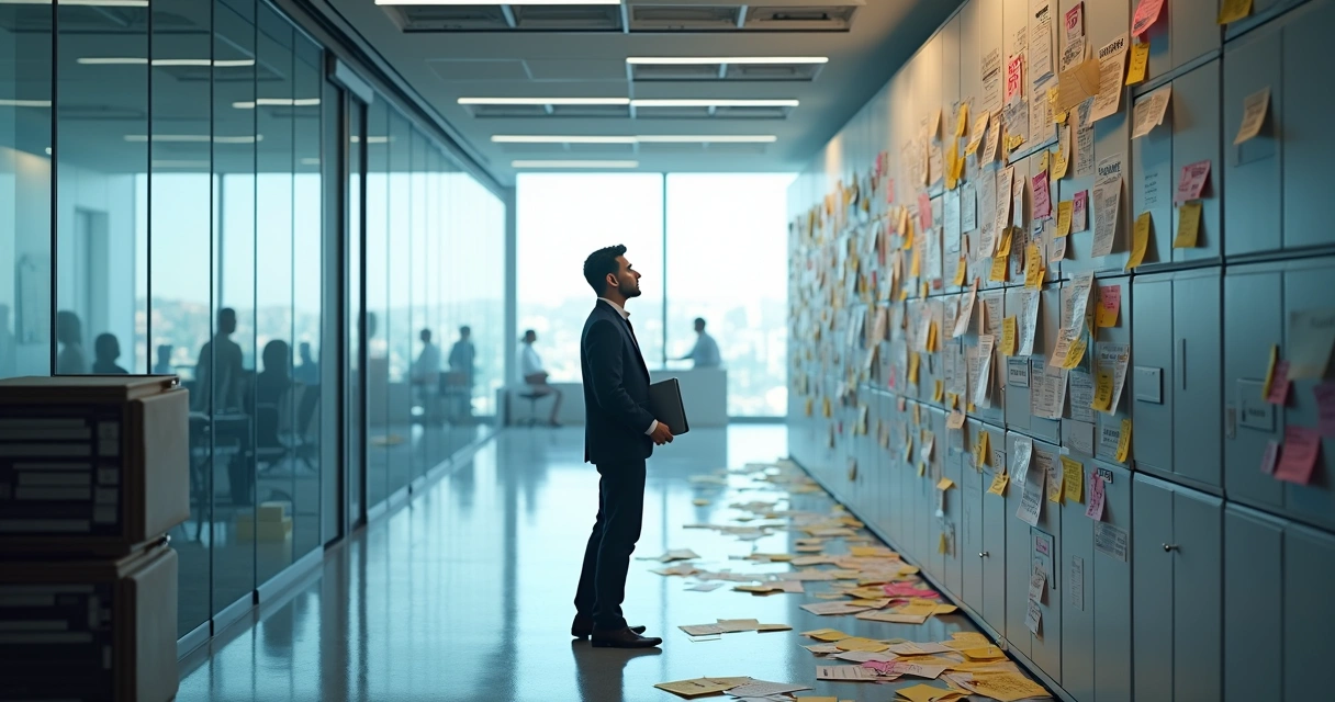 Corredor de escritório com parede coberta de post-its bloqueando passagem 