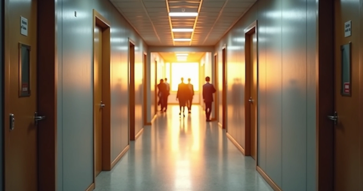 Corredor de escritório com portas fechadas e uma aberta no fundo 