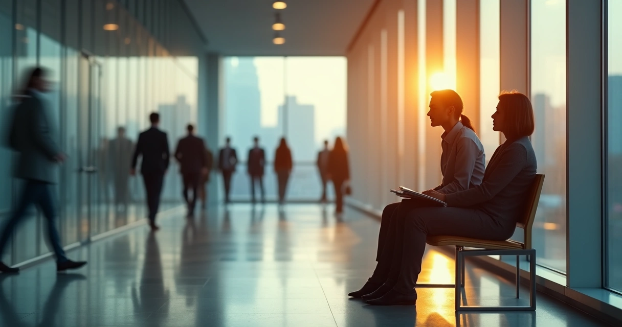 Gestora consola colega sentado em banco de corredor corporativo 