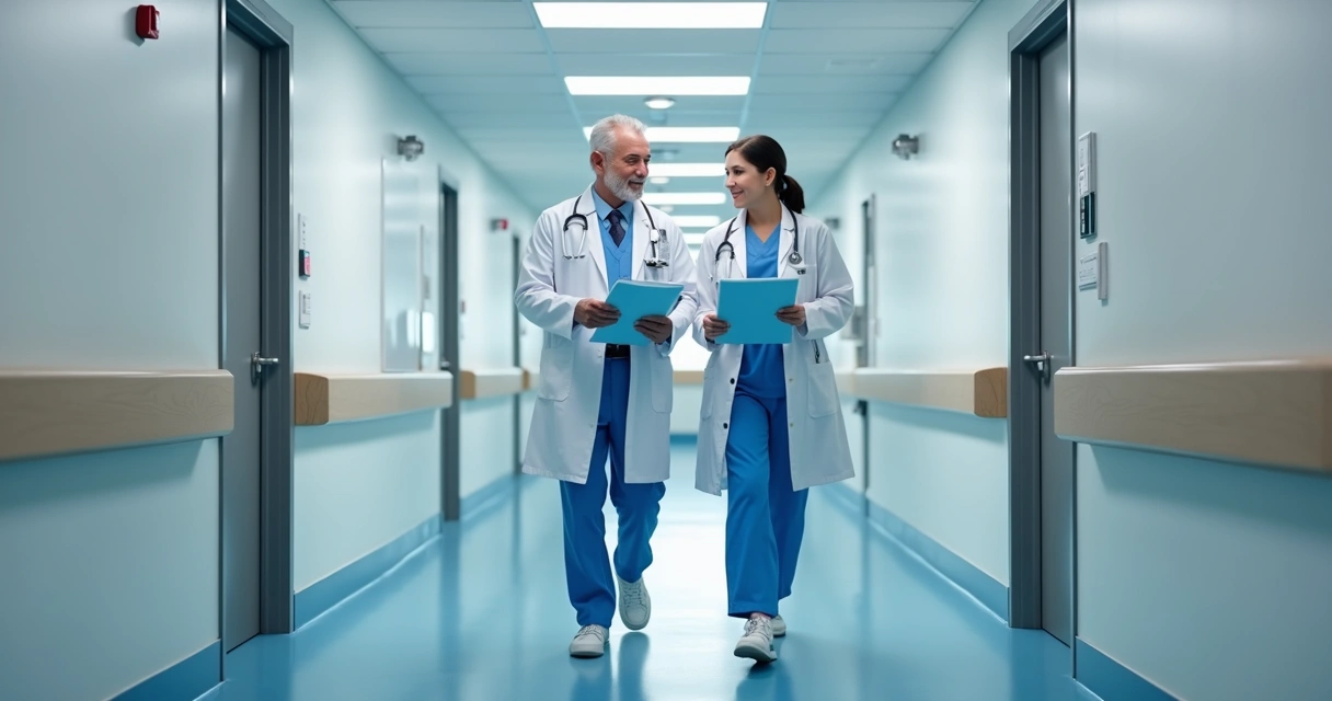 Corredor hospitalar com médico residente e preceptor lado a lado 