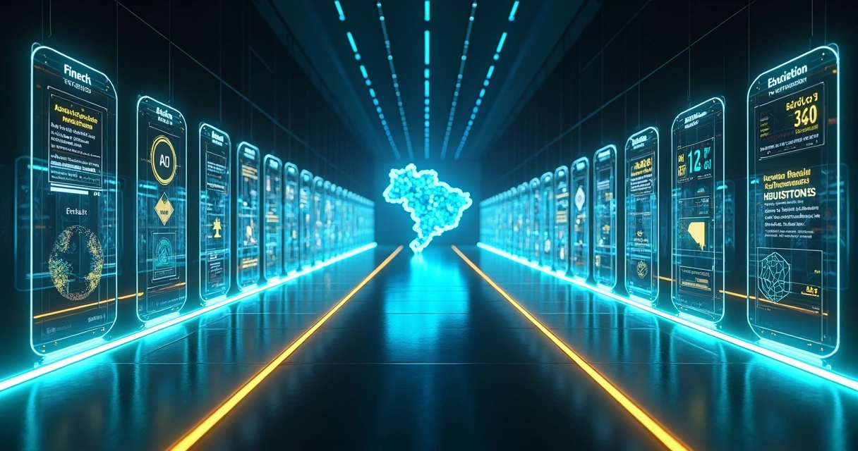 Corredor tecnológico com ícones de empresas de IA brasileiras em destaque 