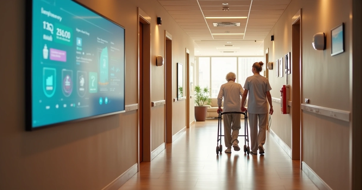 Corredor de ILPI moderno com tecnologia discreta no ambiente de cuidado 