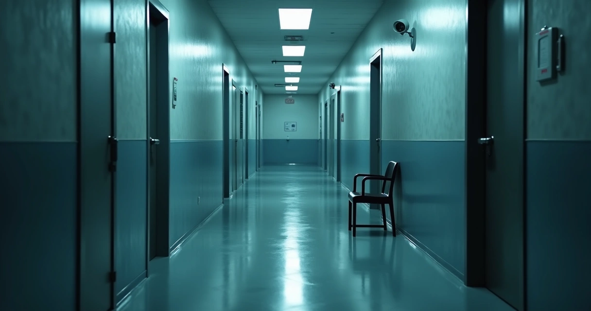Corredor institucional vazio com luz fria e portas fechadas