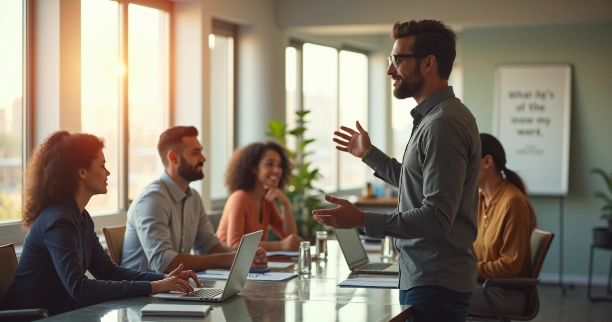 Pessoa liderando equipe durante integração em novo ambiente de trabalho 