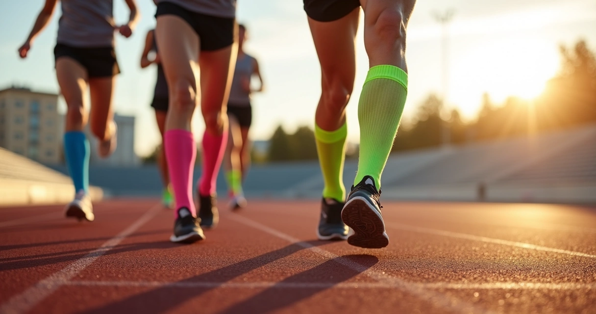 Grupo de corredores usando meias de compressão coloridas em pista ao ar livre 