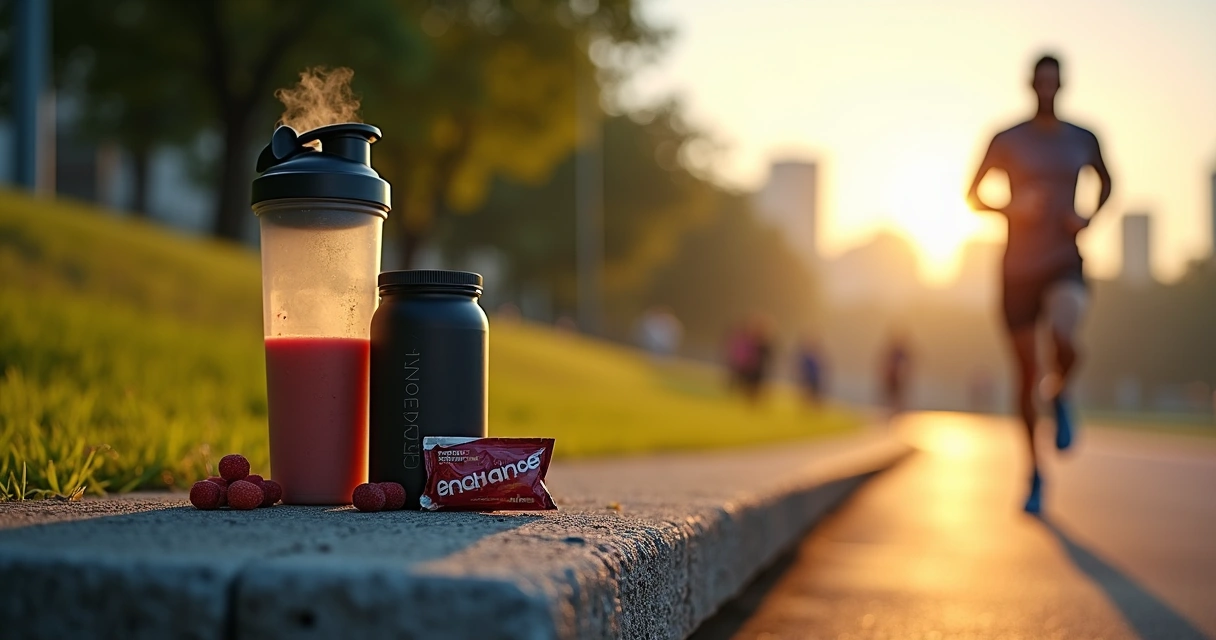Corredor alongando ao lado de suplementos pré-treino ao amanhecer 