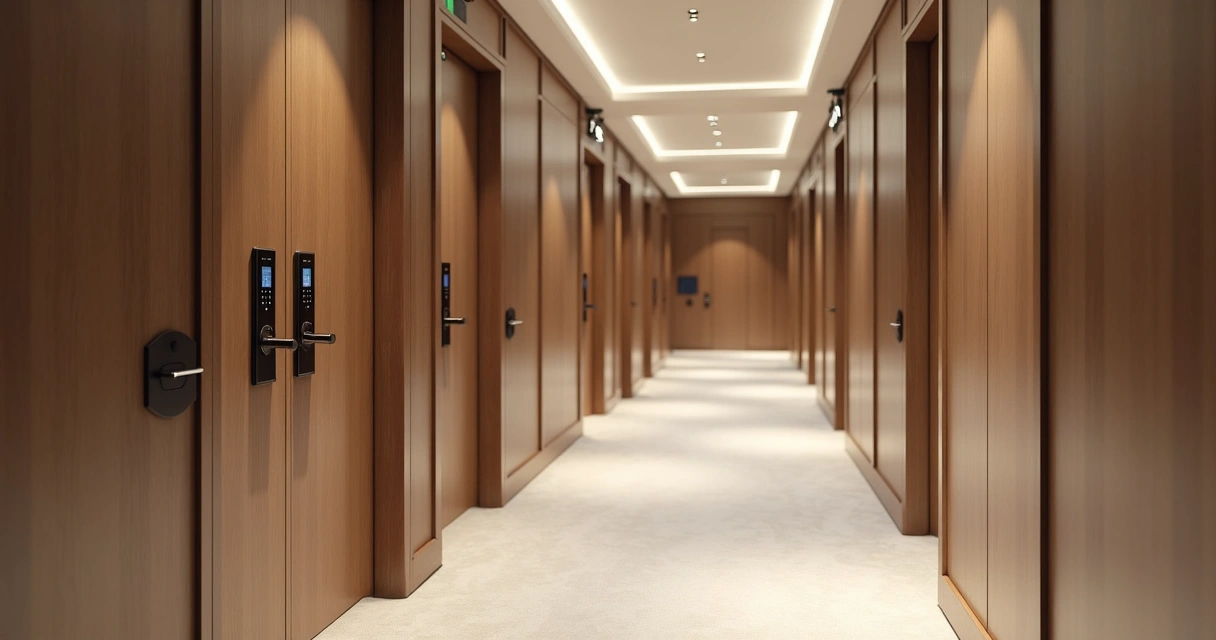 Corredor de hotel moderno com portas de quartos e sistemas de controle de acesso digital 