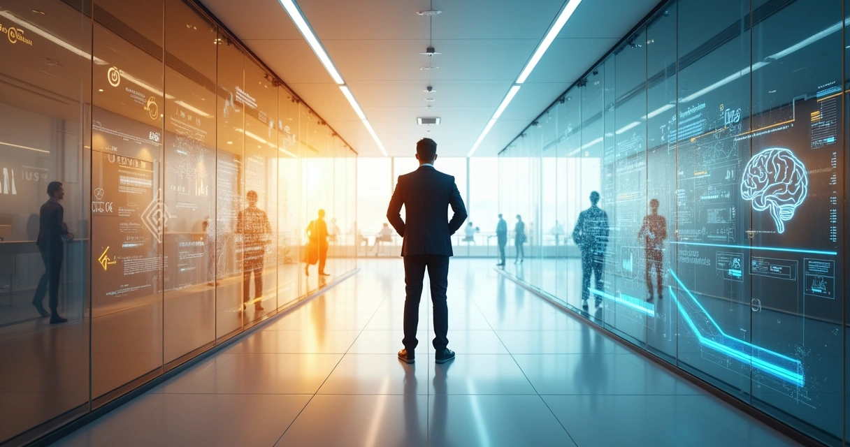 Corredor metáfora com dois caminhos de contratação, um humano e outro automatizado por IA 