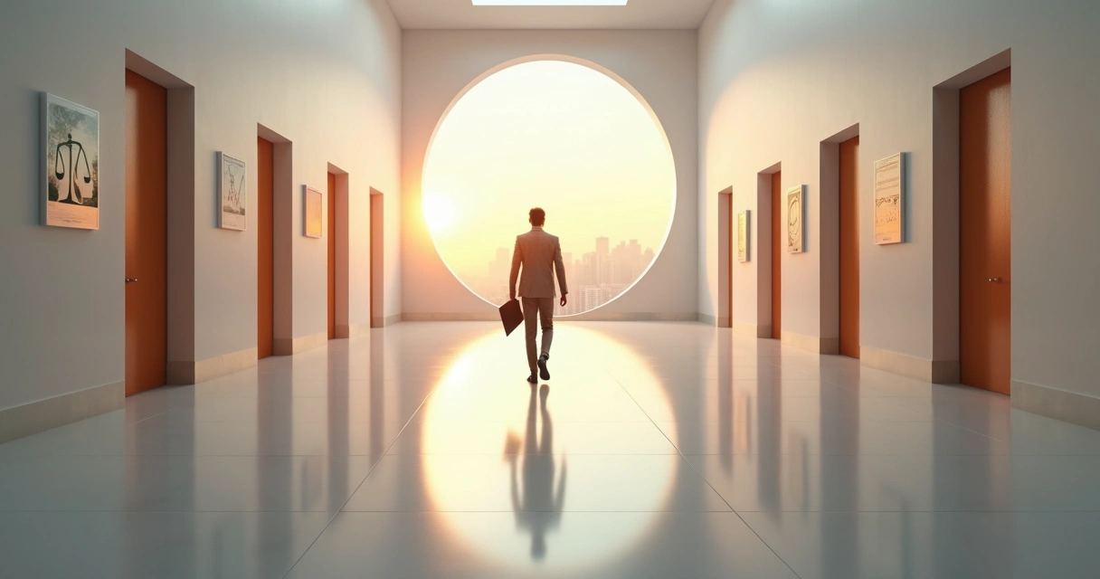 Profissional caminhando por corredor com portas para diferentes possibilidades de carreira 