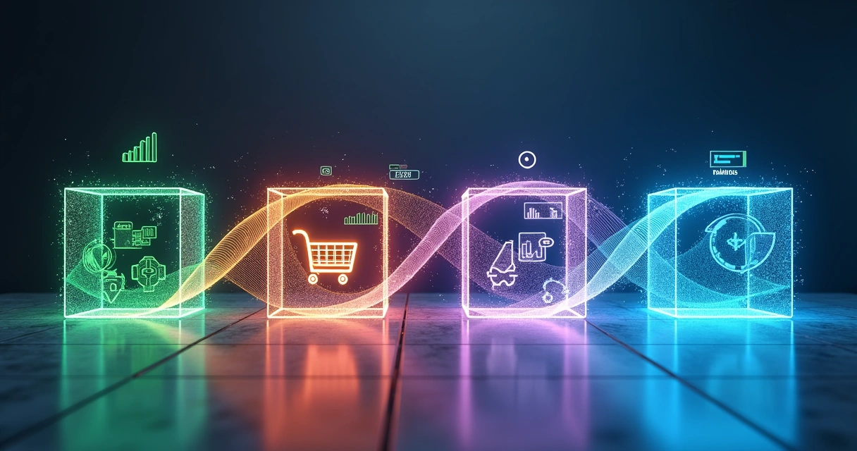 Corredor com blocos 3D representando setores ligados por fluxo preditivo de dados 