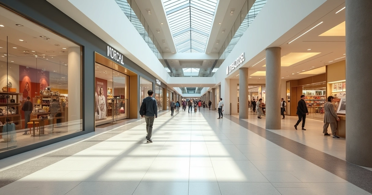 Corredor de shopping vazio com loja escondida ao fundo 