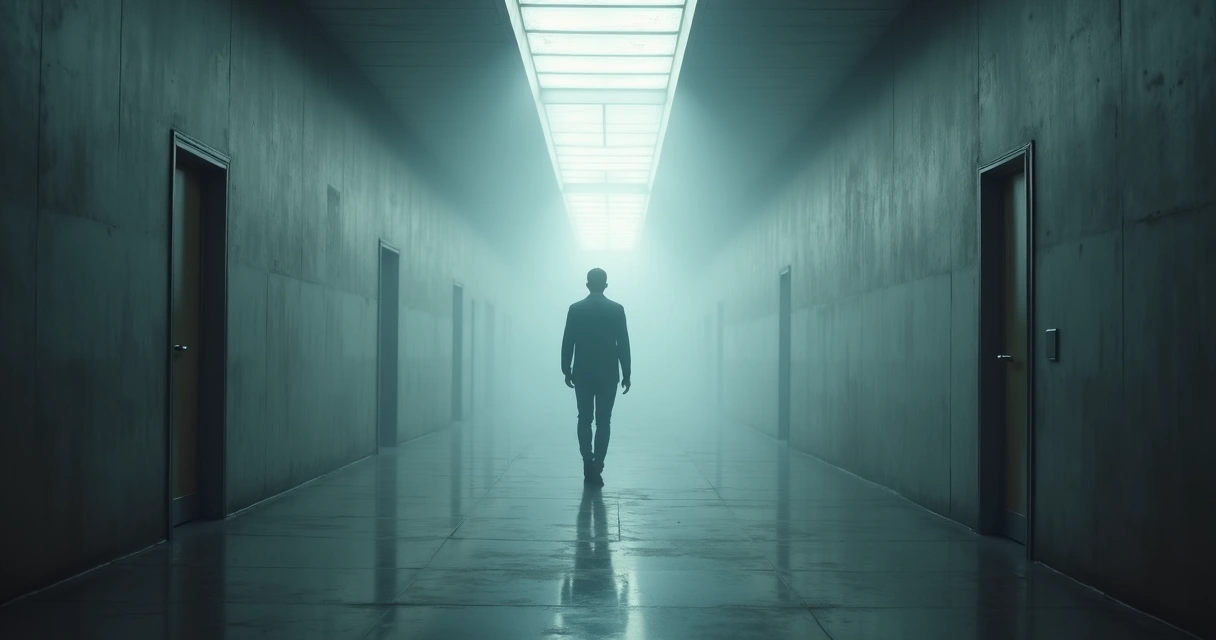 Pessoa de costas caminhando sozinha em corredor vazio e neblina 