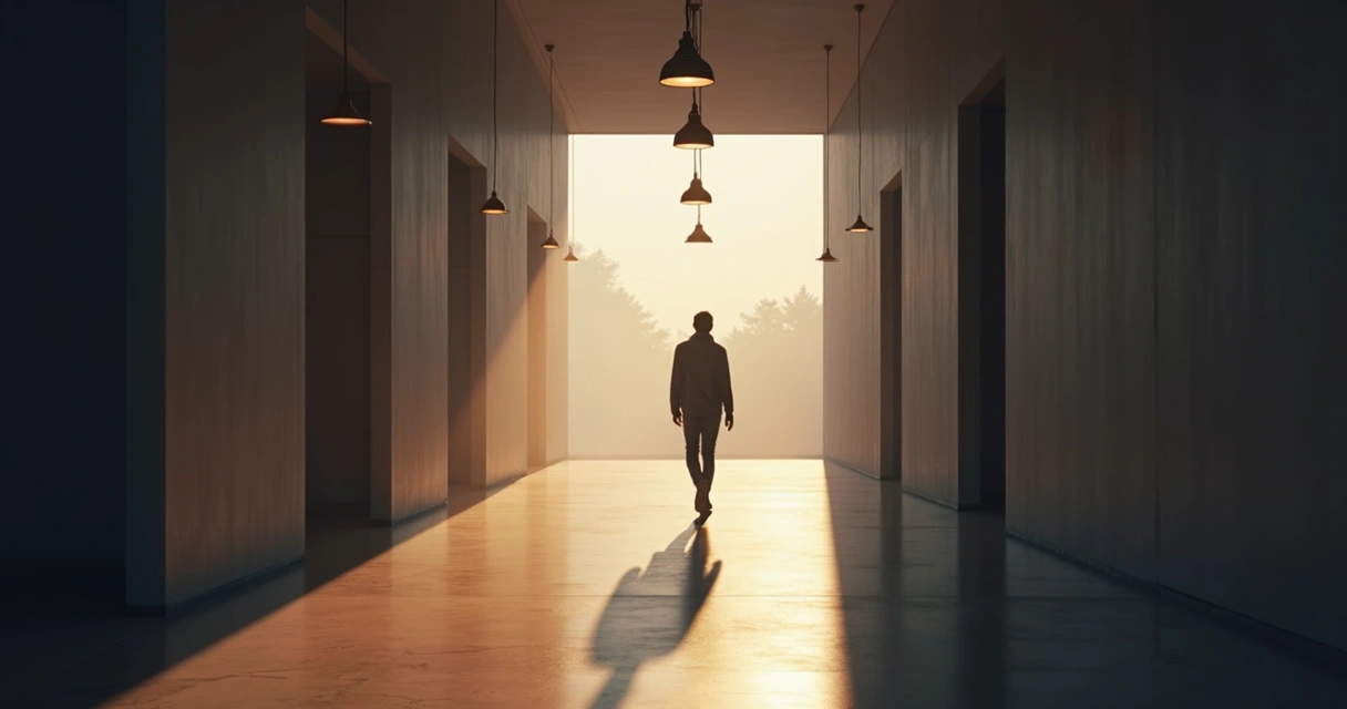 Pessoa caminhando sozinha em corredor iluminado por lâmpadas suspensas 