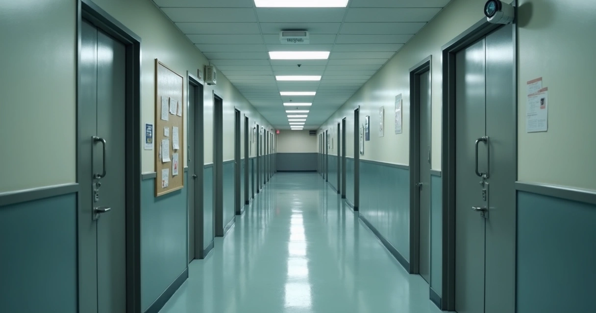 Corredor institucional vazio com luz fria e portas fechadas