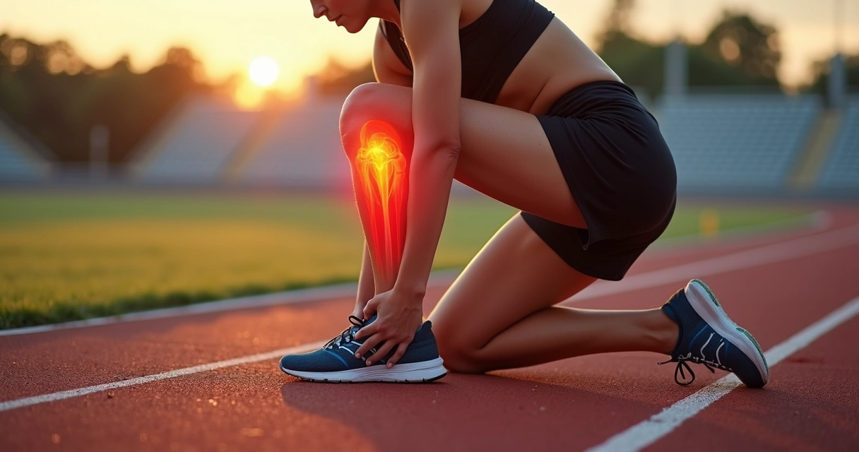 Corredora ajoelhada em pista de atletismo segurando o joelho com dor 