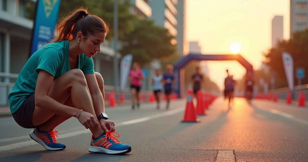 Corredora concentrada amarrando o tênis antes da primeira corrida de rua ao amanhecer 