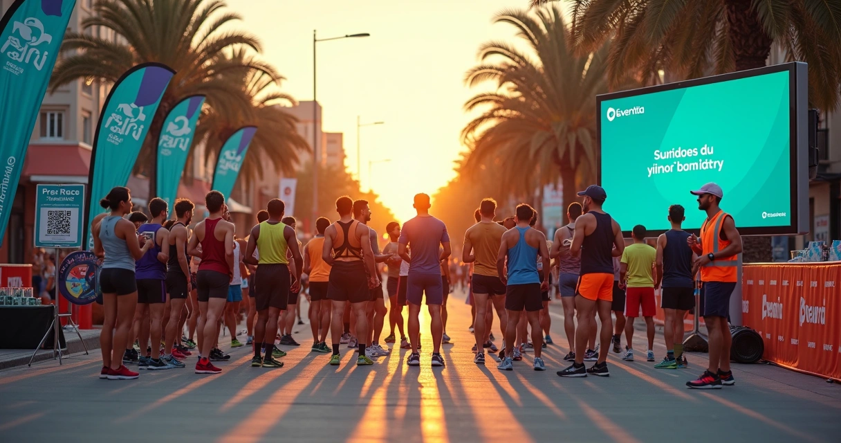 Grupo de corredores aquecendo juntos antes da largada em um grande evento de rua 