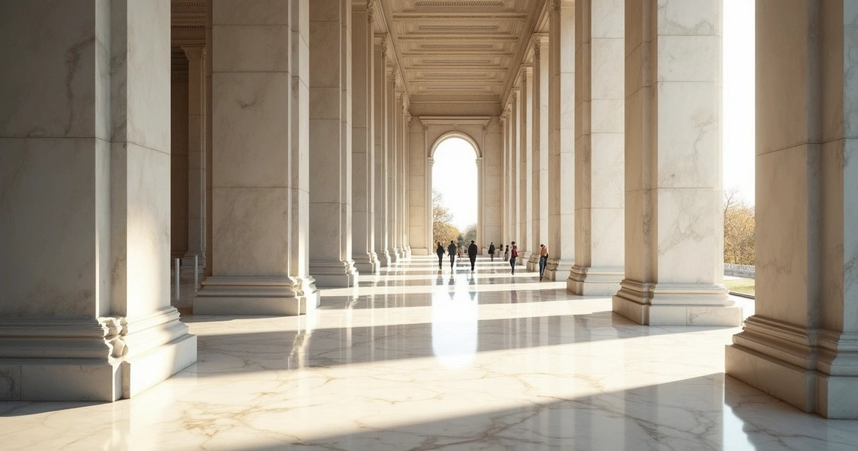 Corredores de mármore branco em museu ou prédio histórico dos EUA 