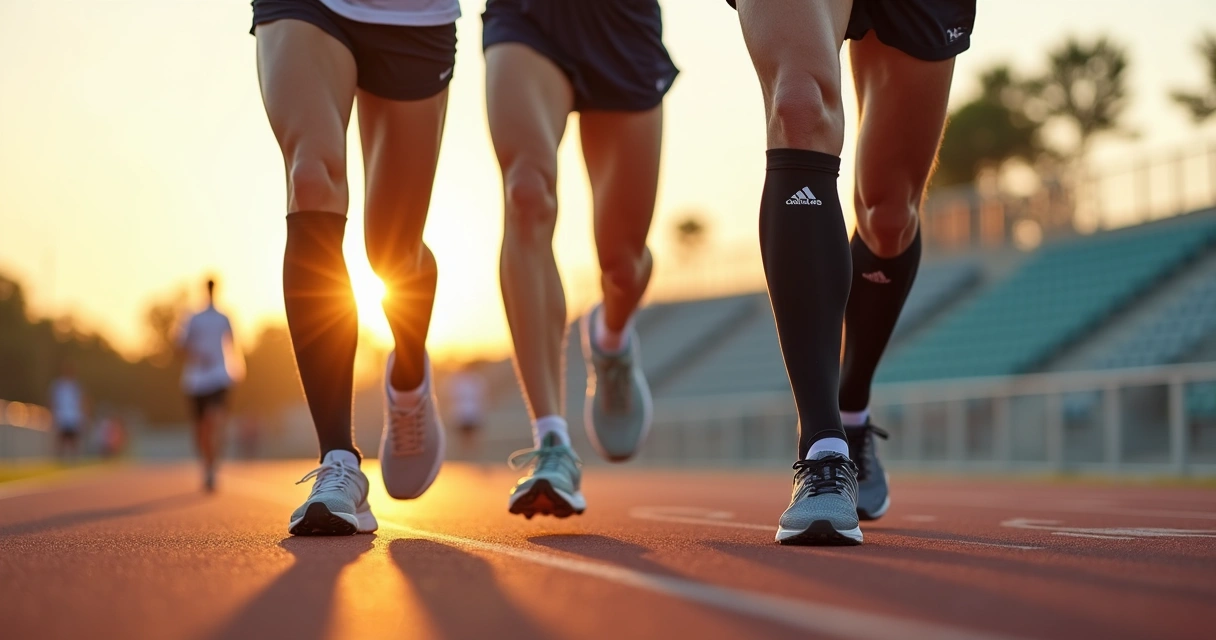 Corredores usando meias de compressão durante treino em pista ao ar livre 