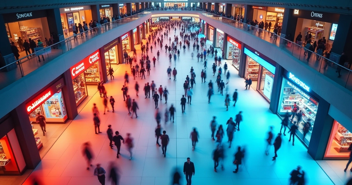 Corredores movimentados e áreas calmas dentro de um shopping center 