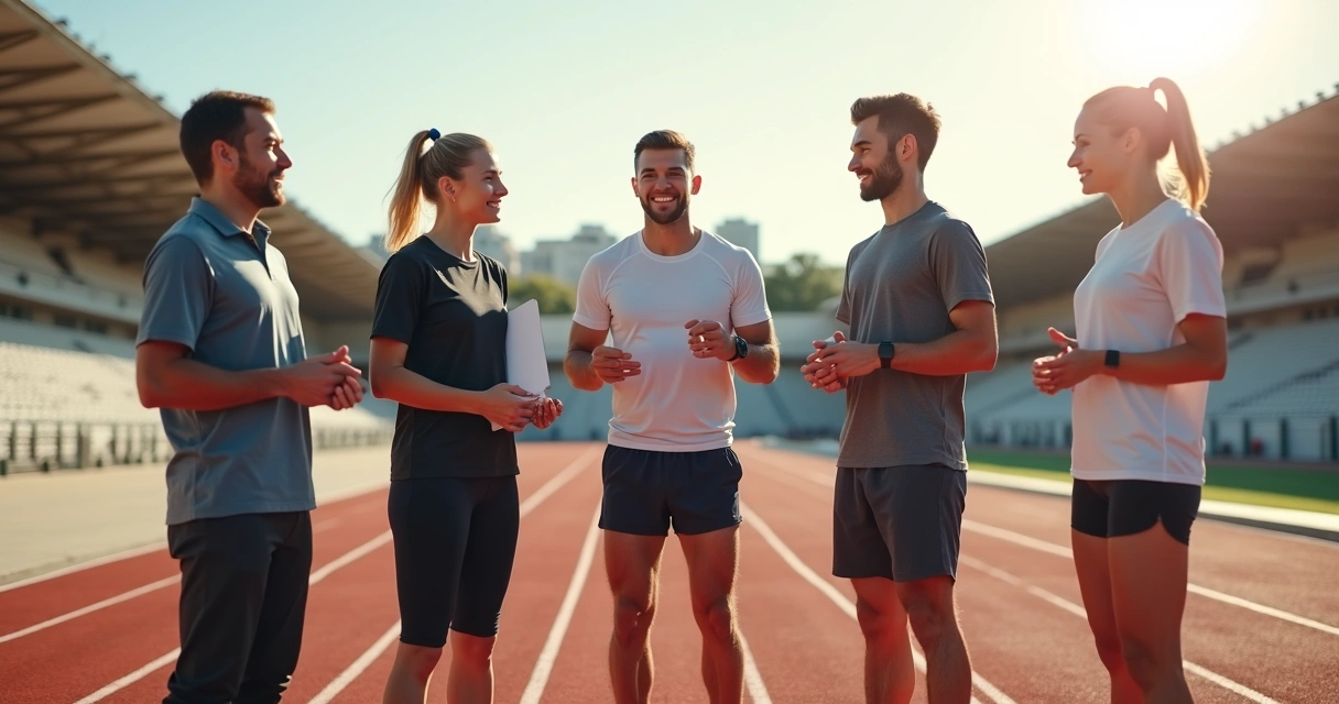 Três corredores e profissionais em diálogo antes do treino