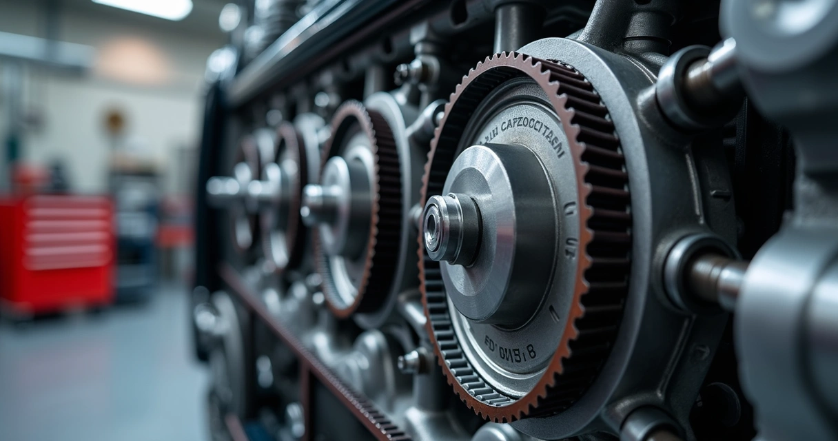 Correia dentada nova instalada no motor de um carro, com sincronismo visível entre válvulas e pistões, ambiente de oficina automotiva com ferramentas ao fundo 