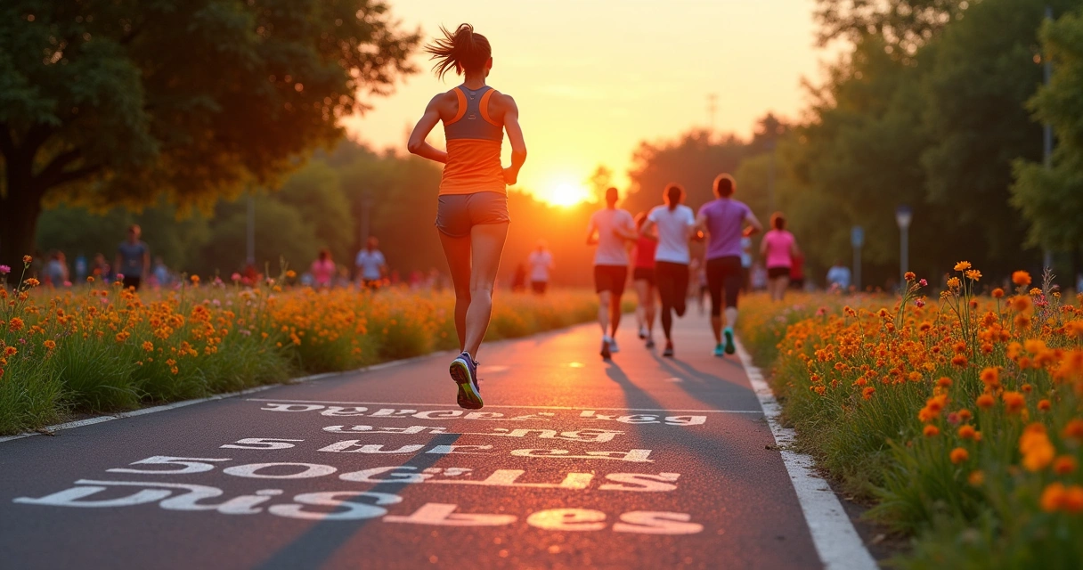 Pessoa correndo em um parque ao amanhecer com metas de fitness escritas no chão.