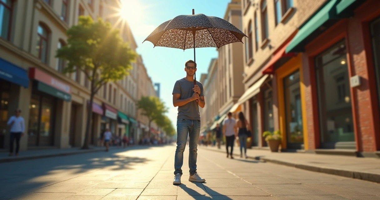 Pessoa em pé segurando um guarda-chuva feito de correntes em uma rua ensolarada 