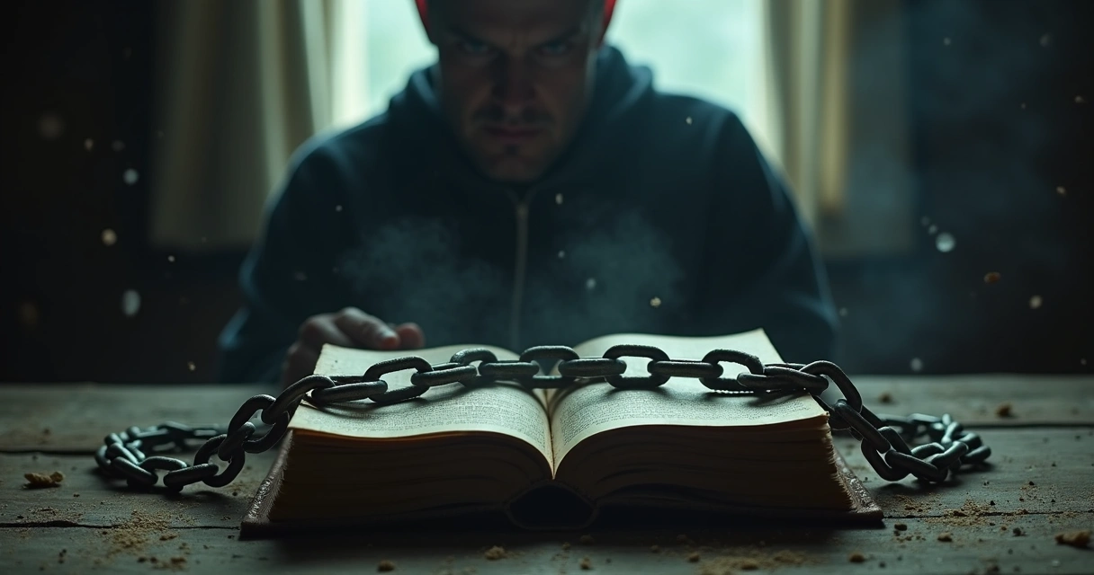 Correntes simbolizando apego ao passado em ambiente escuro 